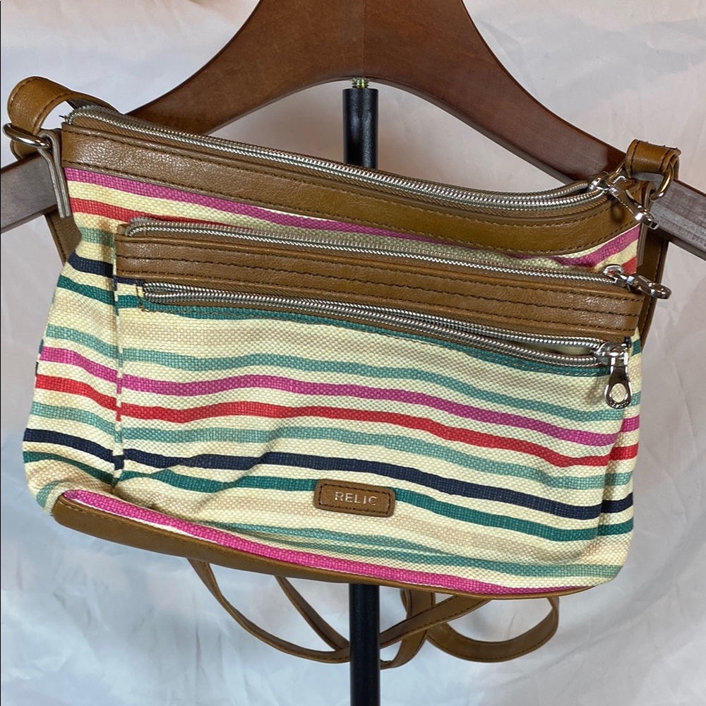 Relic Pink and Green Shoulder Bag with Vibrant Stripes